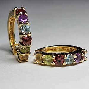 Vintage Multicolor Gem Huggie Hoop Earrings Set In Gold Over Sterling Silver